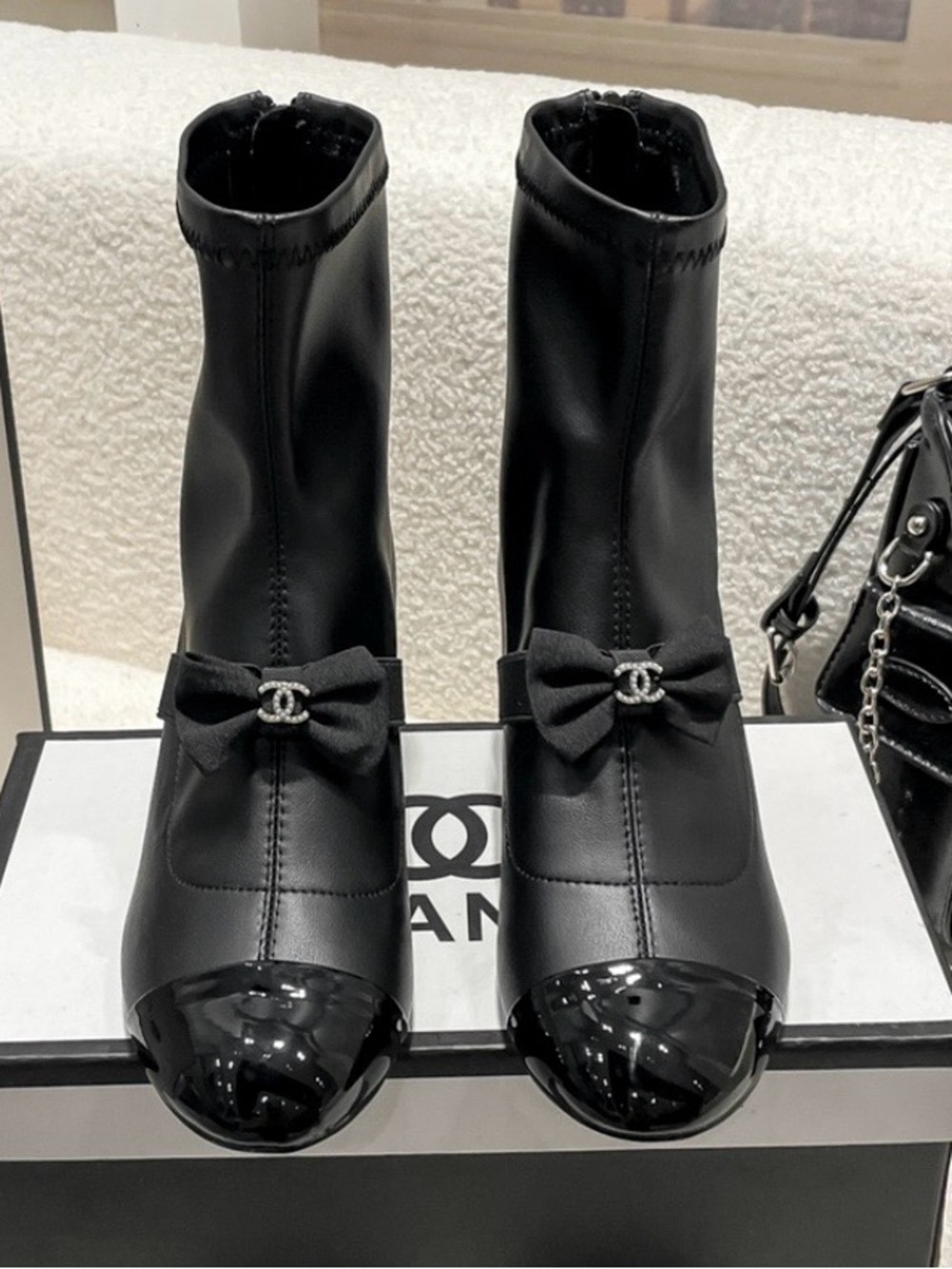 Double C Logo Black Bow Cap-Toe Sock Ankle Boots Womens Size - 8